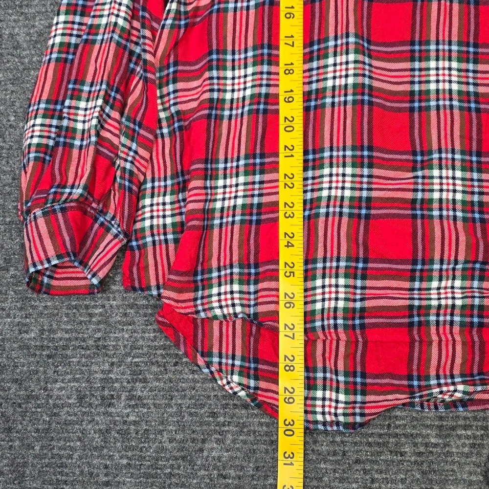 Crown & Ivy Plaid Top Women's Size M Red Blue Ruffle Henley‎ Rhinestone Buttons - Picture 6 of 9